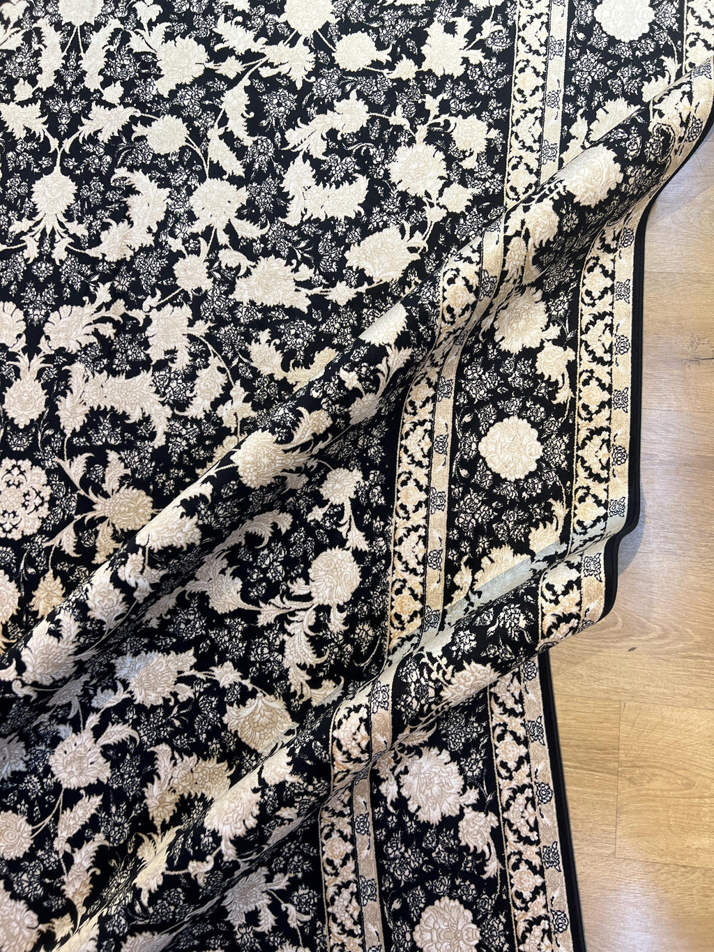 Black Classic Silk Rug with Gold Floral Motifs, Luxury Silk Carpet