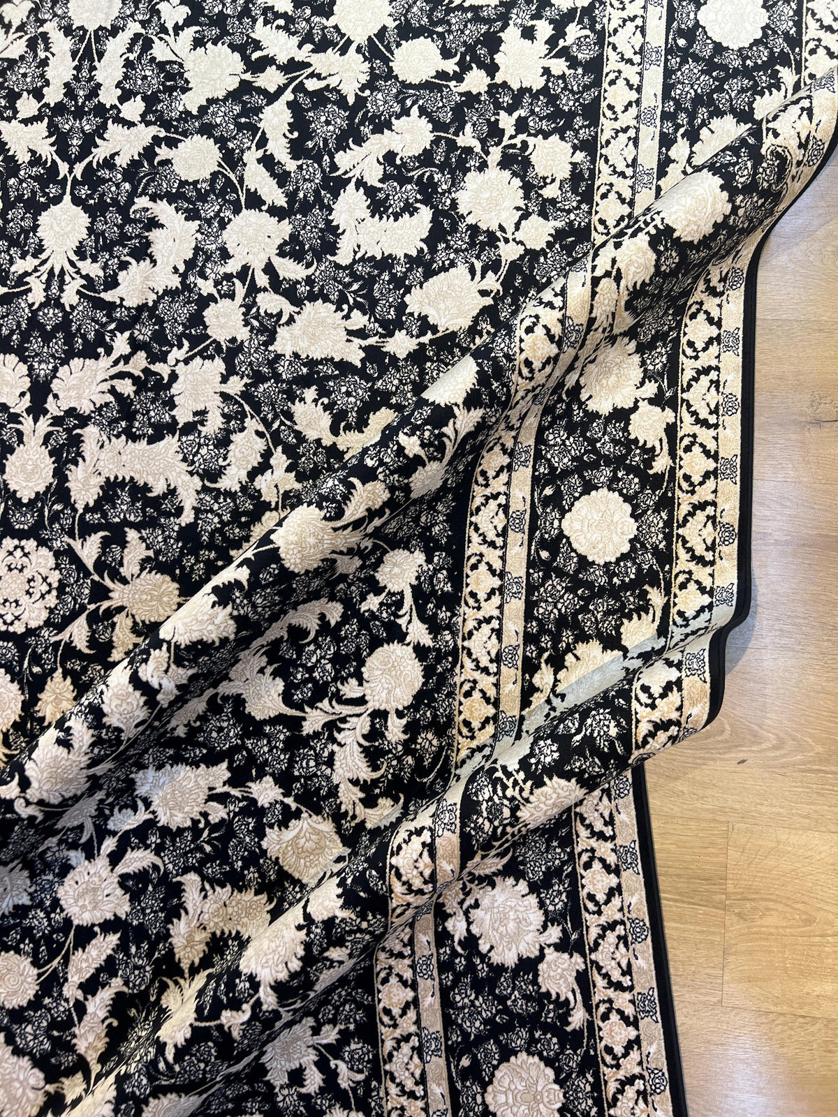 Black Classic Silk Rug with Gold Floral Motifs, Luxury Silk Carpet