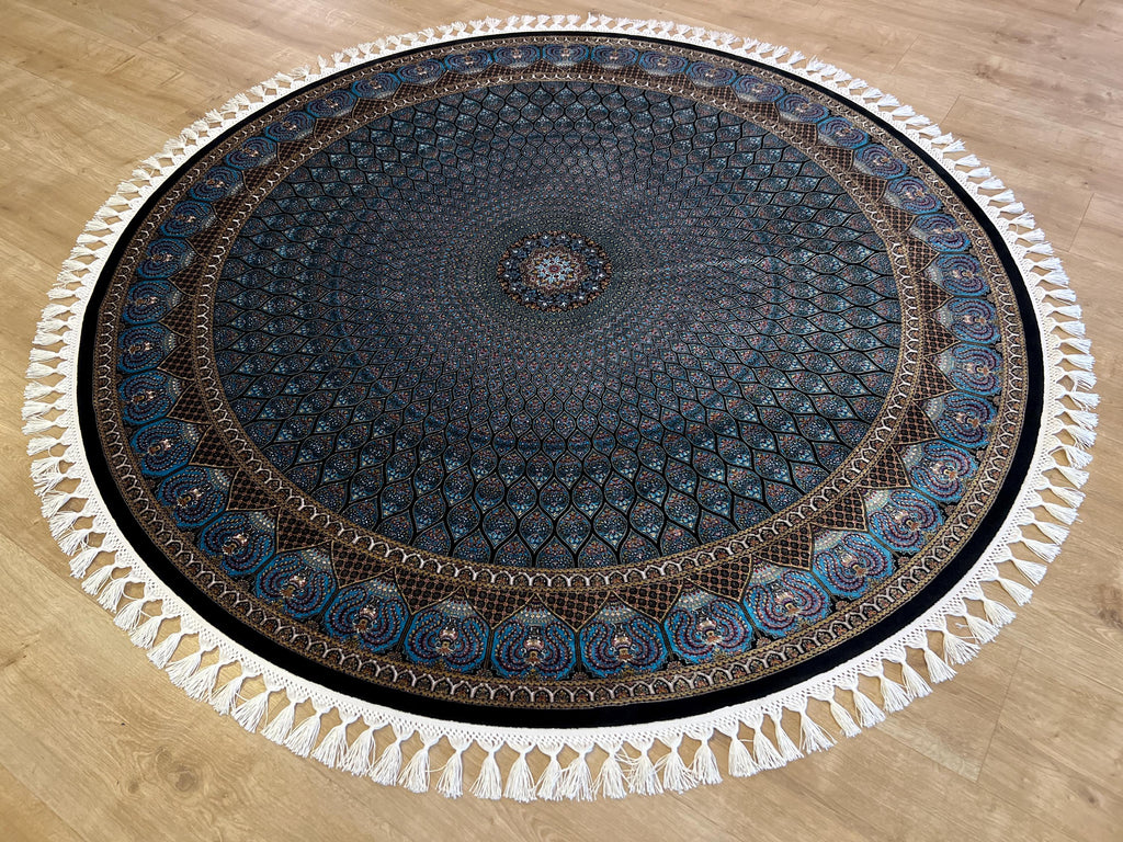 Blue Round Silk Rug, Classic Turkish Style Carpet, Medallion Design