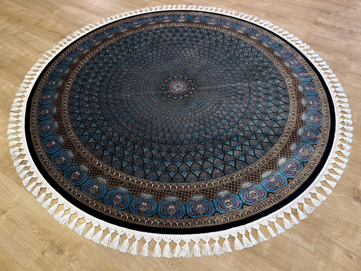 Blue Round Silk Rug, Classic Turkish Style Carpet, Medallion Design