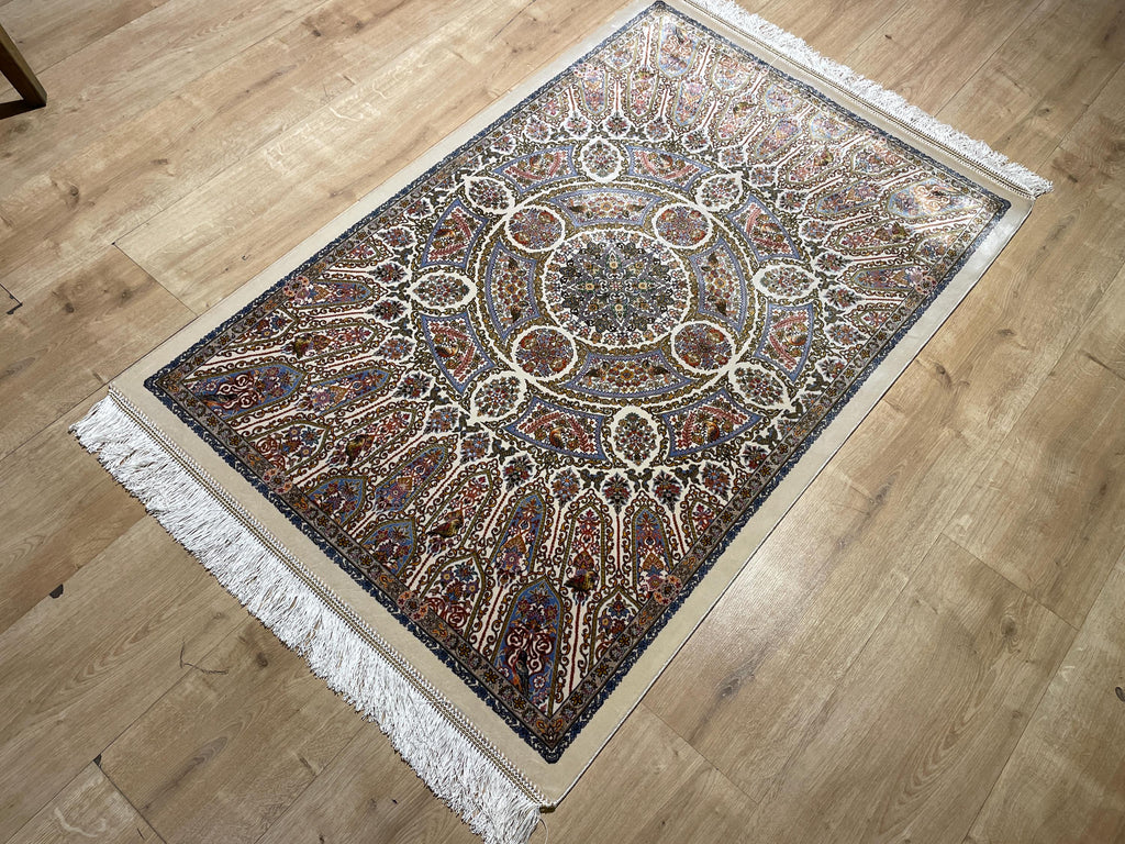 Cream Small Silk Rug, Ornate Medallion Silk Mat, Luxury Home Decor