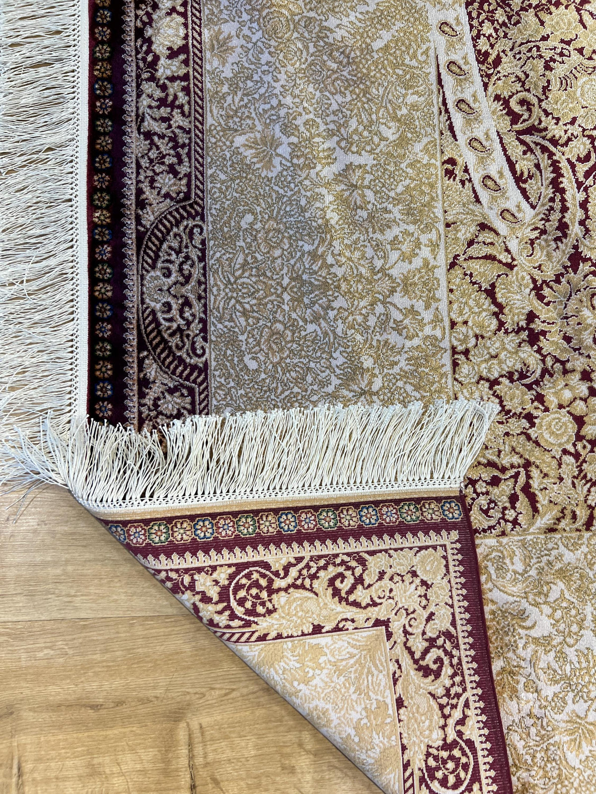 7x10 ft Red Silk Rug with Gold Medallion – Classic Turkish Style Luxury Carpet