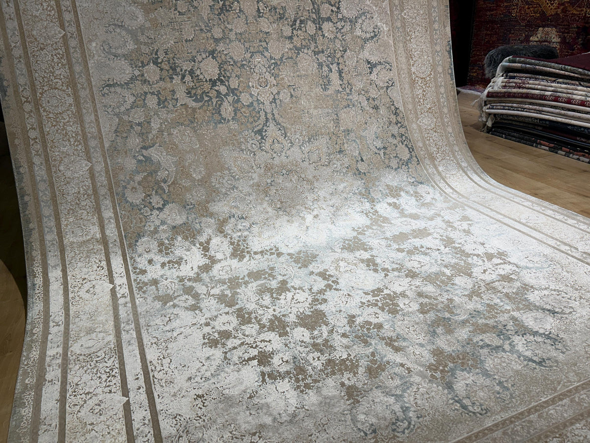Beige Blue Silk Rug, Distressed Pattern Medallion Design, Classic Silk Carpet