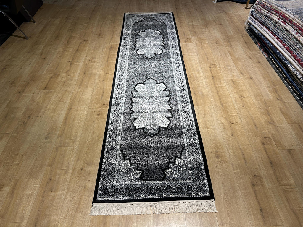 3x10 ft Black Gray Runner Silk Rug, Medallion Design, Classic Luxury Area Rug