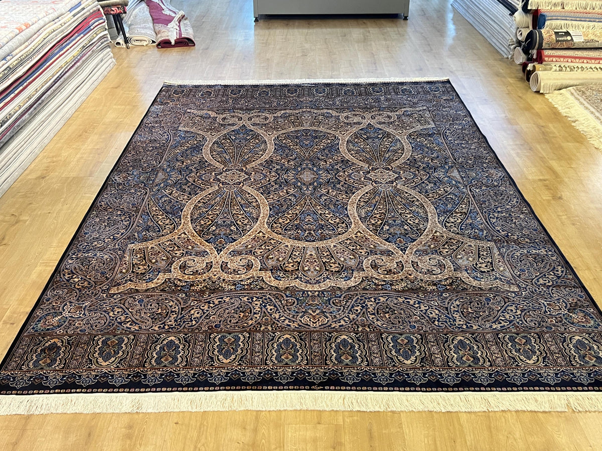 Blue Gold Silk Palace Rug, 8x11 ft, Traditional Turkish Carpet