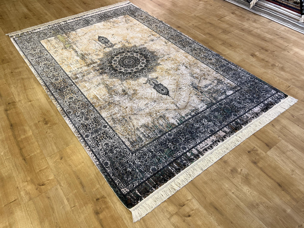 Cream Silk Rug, Grey Border Antique Medallion Classic Design