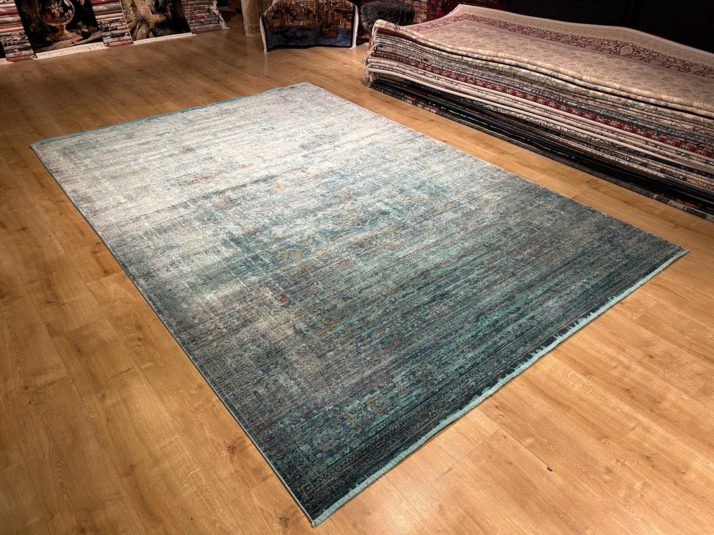 7x10 ft Turquoise Bamboo Rug, Distressed Pattern, Modern Rug