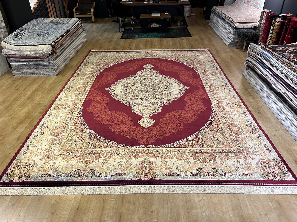Red Gold Medallion Bamboo Silk Rug, 10x13 ft, Large Area Rug, Luxury Home Decor