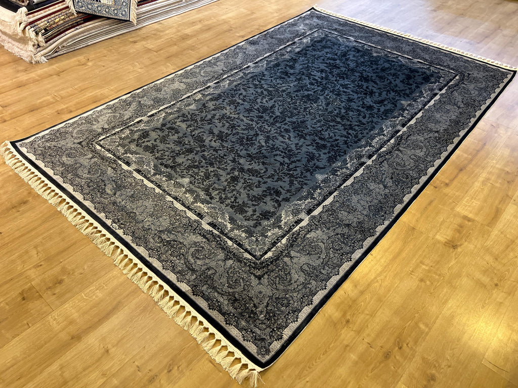 Gray Floral Pattern Luxury Silk Area Rug with Border, Luxury Home Deor