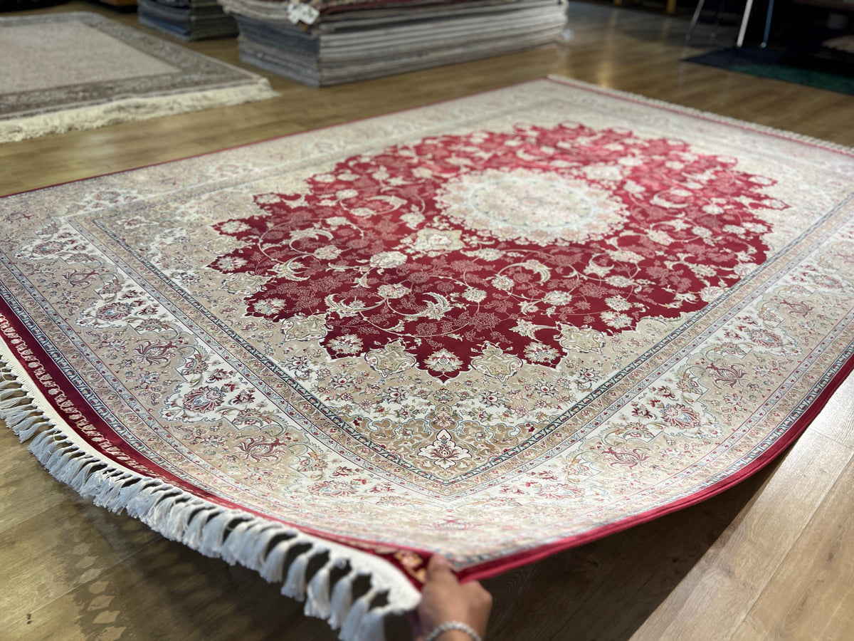 8x11 ft Classic Silk Carpet, Red Base Gold Medallion, Turkish Style Oversize Rug