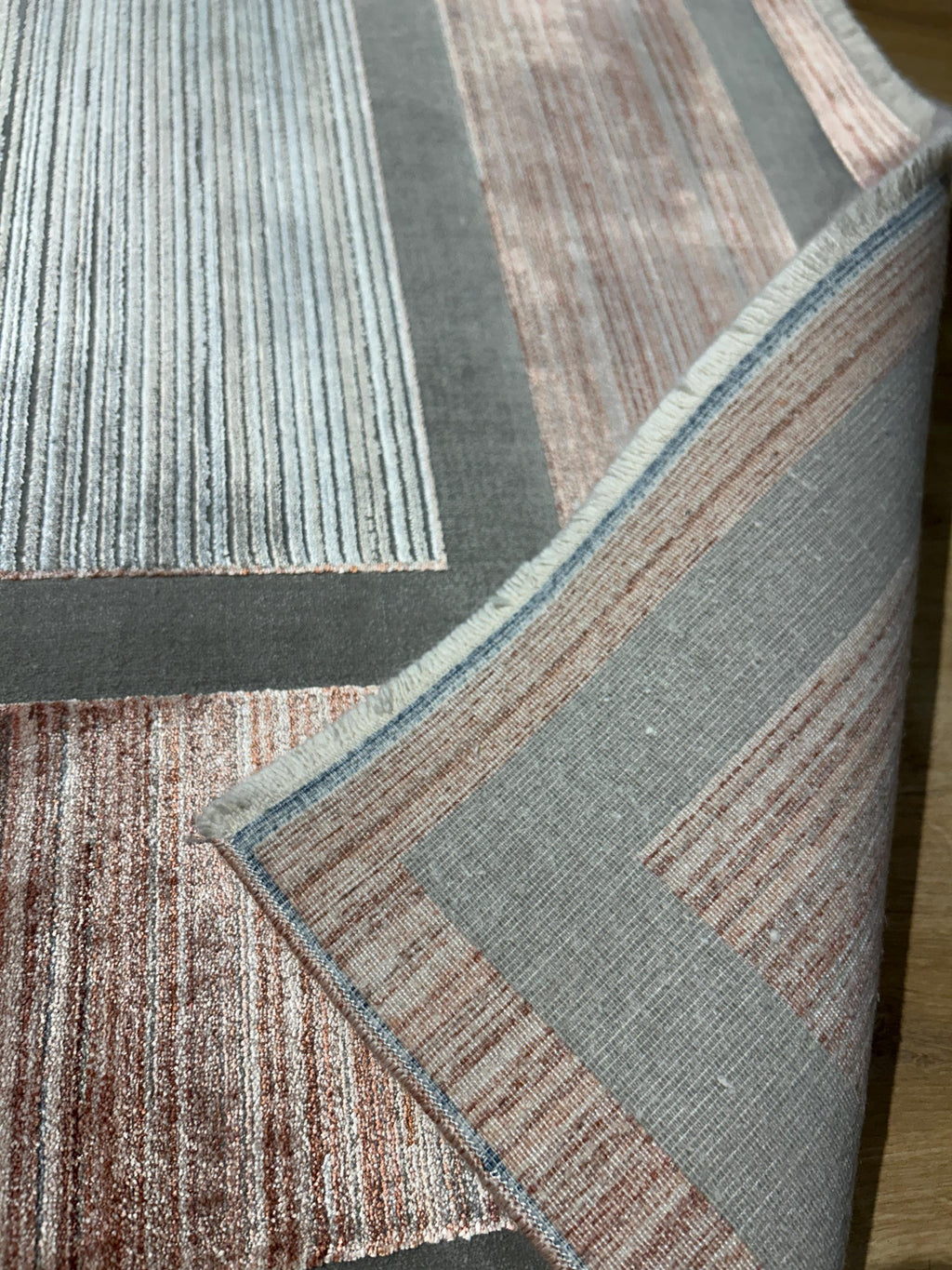 7x10 ft Pink Gray Beige Bamboo Rug, Bordered Minimalist Modern Rug, Oversize Carpet