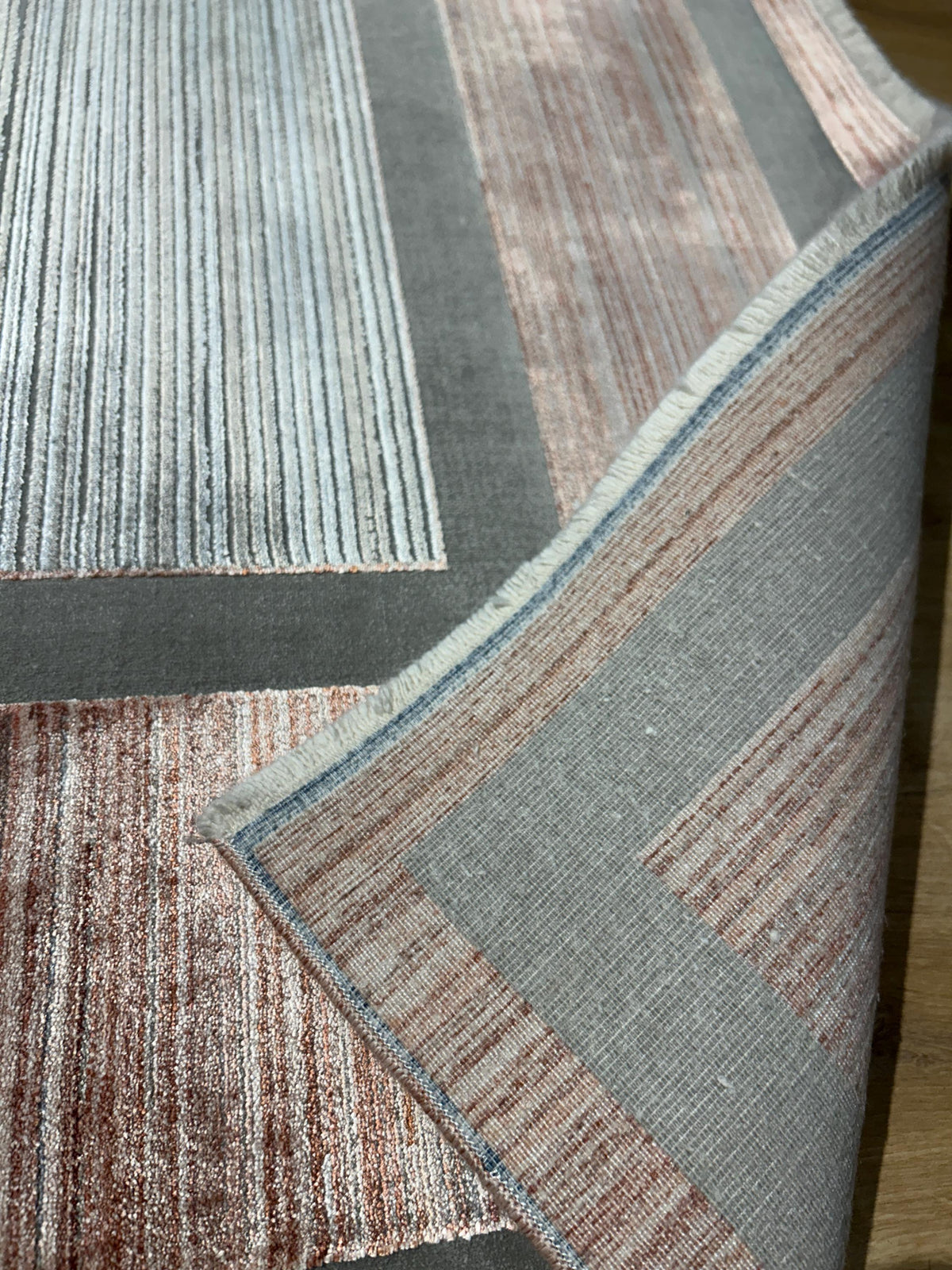7x10 ft Pink Gray Beige Bamboo Rug, Bordered Minimalist Modern Rug, Oversize Carpet