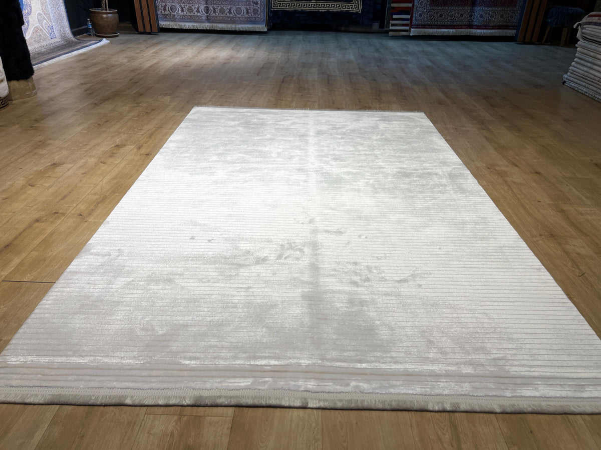5x8 ft Ivory Cream Striped Bamboo Rug, Soft Modern Carpet