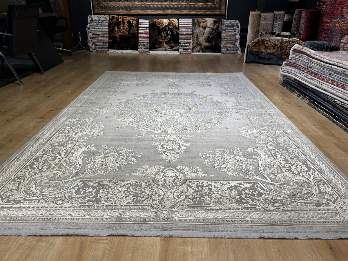 7x10 Gray Bamboo Rug, Vintage Medallion Design Carpet