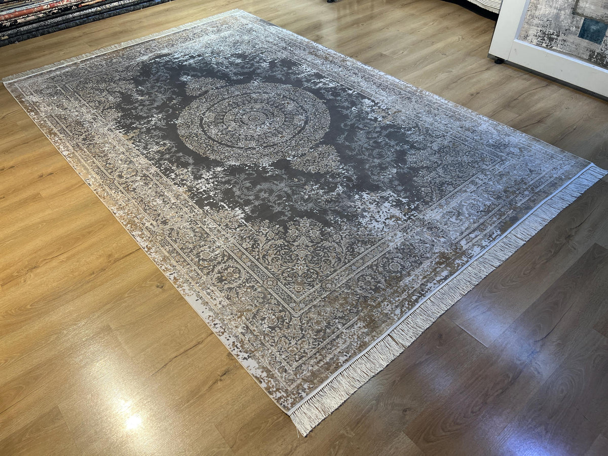 Gray Brown Silk Rug with Medallion and Border, Antique Distressed Style