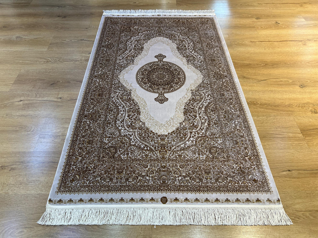 Ivory Silk Rug with Gold Pattern and Medallion, 3x5 ft, Classic Luxury Small Rug