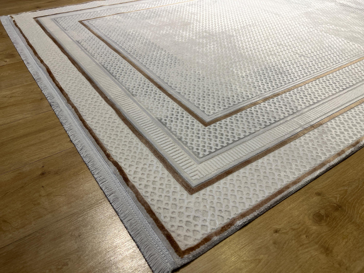 5x8 Ft Gray Bamboo Rug with Gold Border, Modern Design