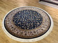7x7 Ft Round Navy Blue Silk Rug, Floral Pattern Design, Classic Luxury Area Rug