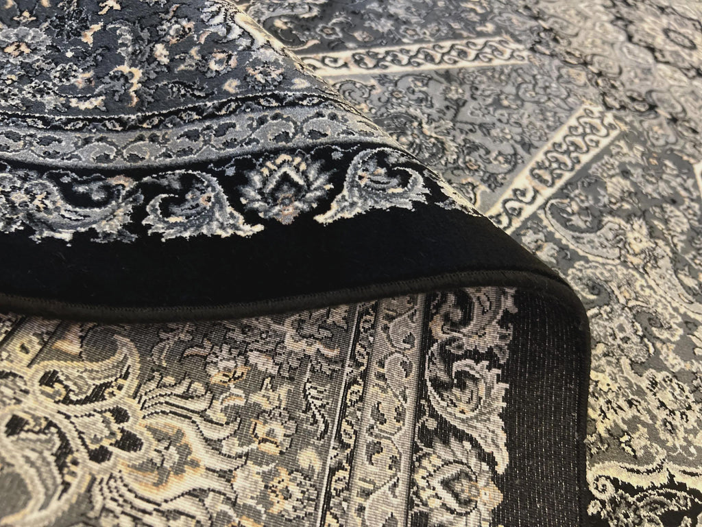5x8 ft Black Silk Rug, Gray Medallion, Classic Turkish Style, Luxury Carpet