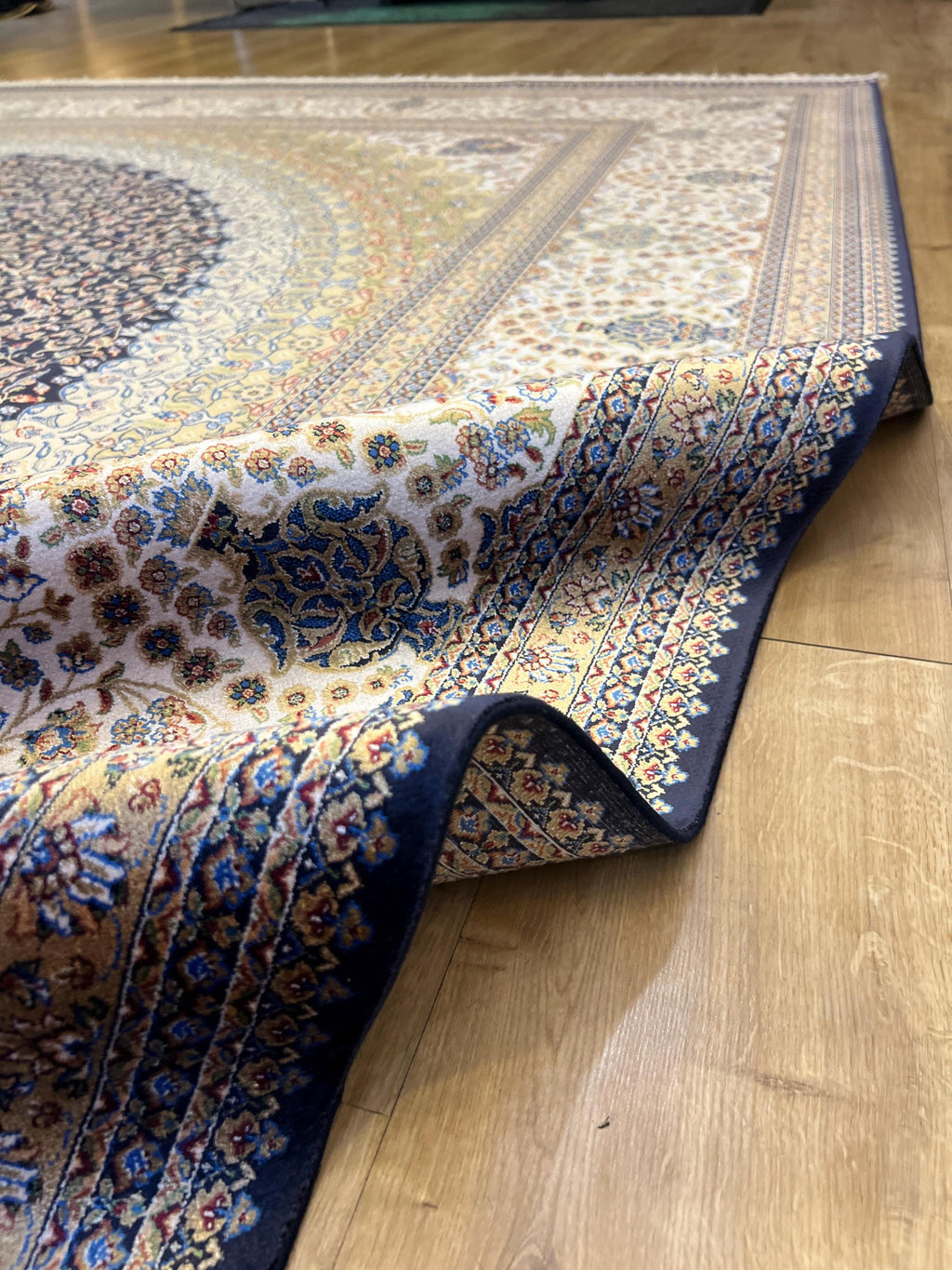 Bamboo Silk Navy Blue Rug 10x13 ft, Luxury Large Rug with Classic Medallion Design