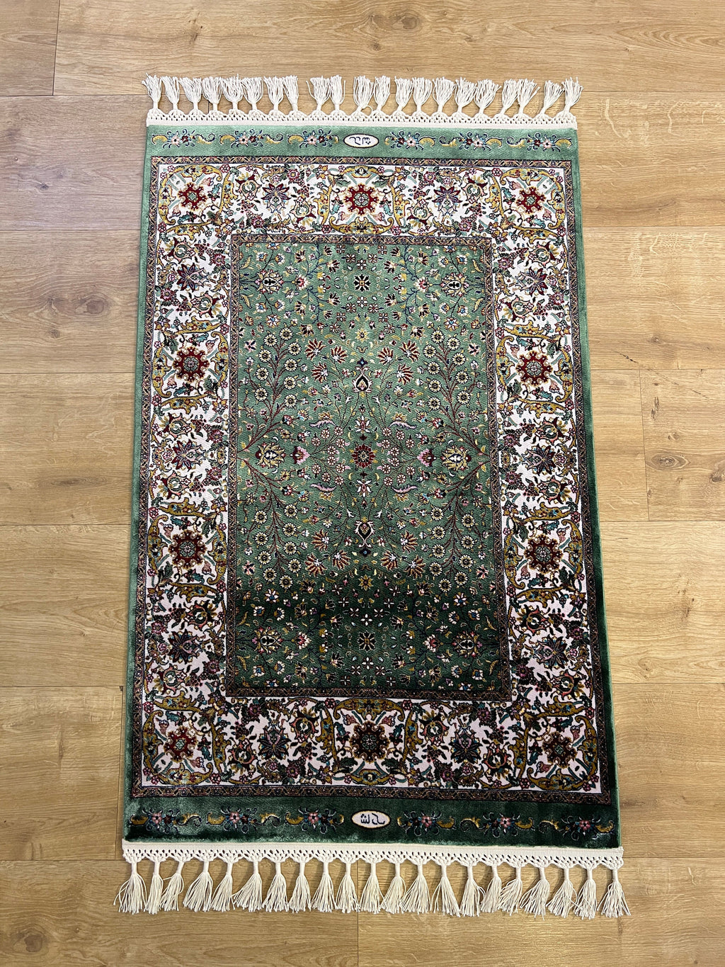 Green Beige Floral Silk Rug, Turkish Carpet, Luxury Home Decor