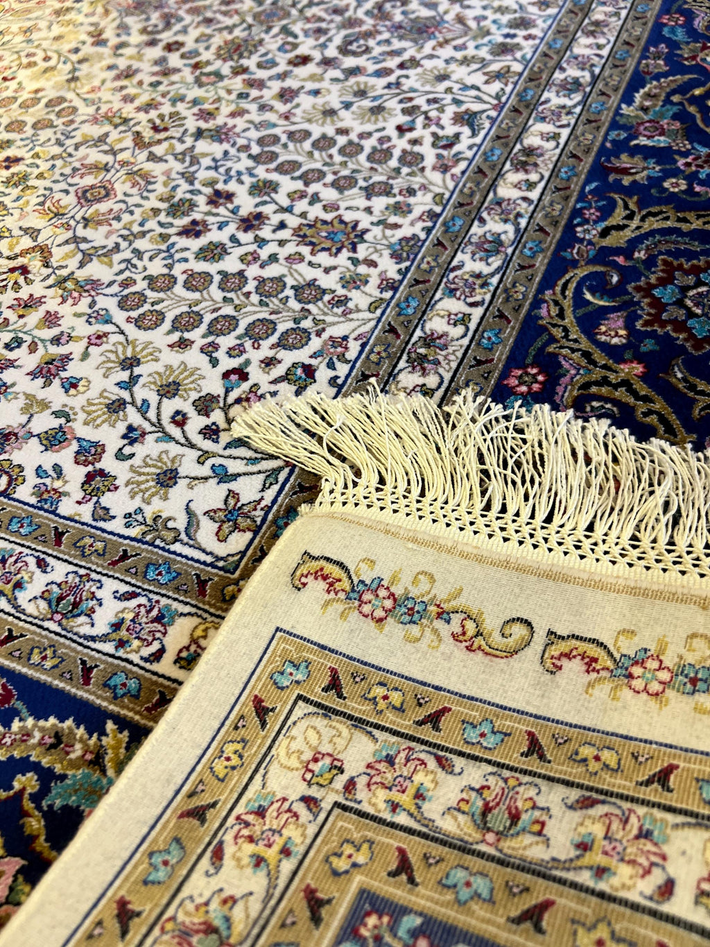 Ivory Blue Floral Silk Rug, Traditional Turkish Carpet, Luxury Home Decor