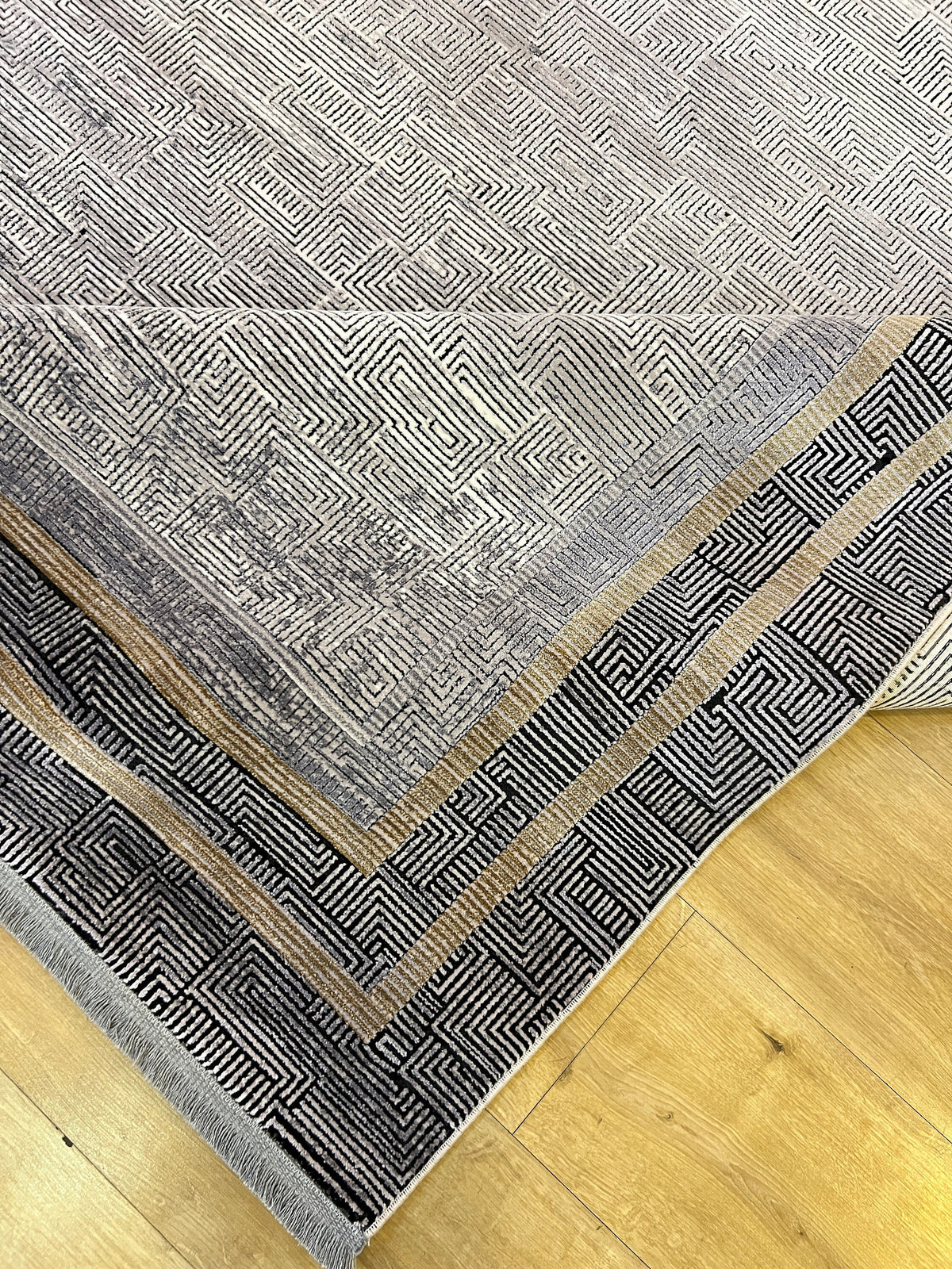 Geometric Pattern Bamboo Rug, Dark Gray, Turkish Carpet