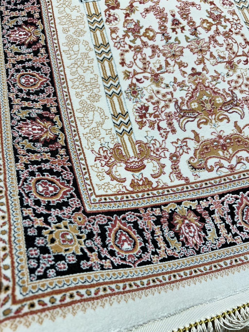2.55x4.10 Ft Ivory Black Pink Silk Prayer Rug, Muslim Gift Prayer Mat