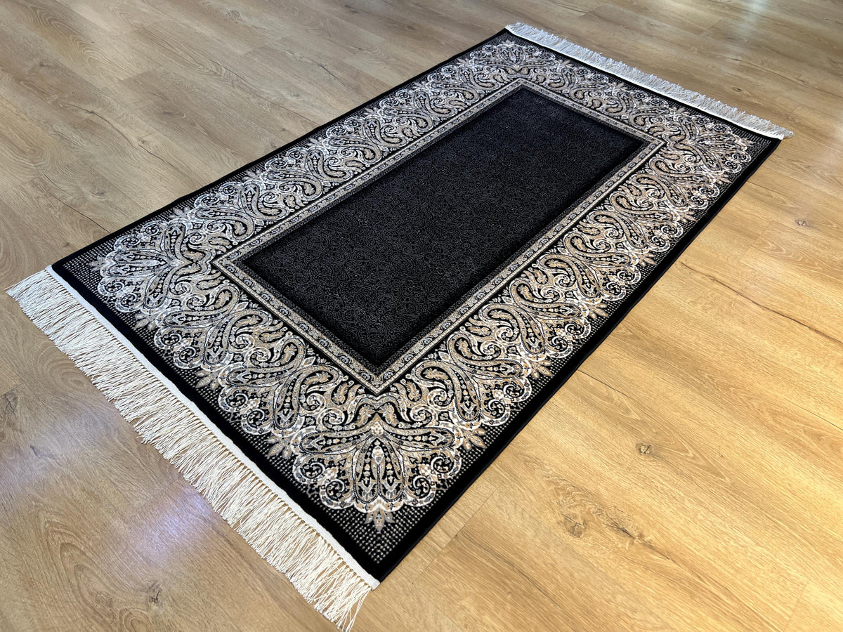 Black Silk Rug with Framed Border, 3x5 ft, Classic Luxury Small Rug