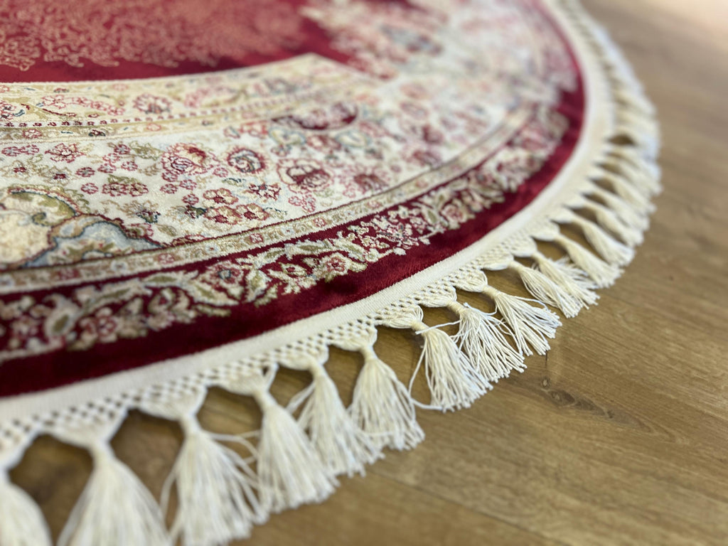 Round Silk Rug, Red Classic Turkish Carpet, Floral Medallion