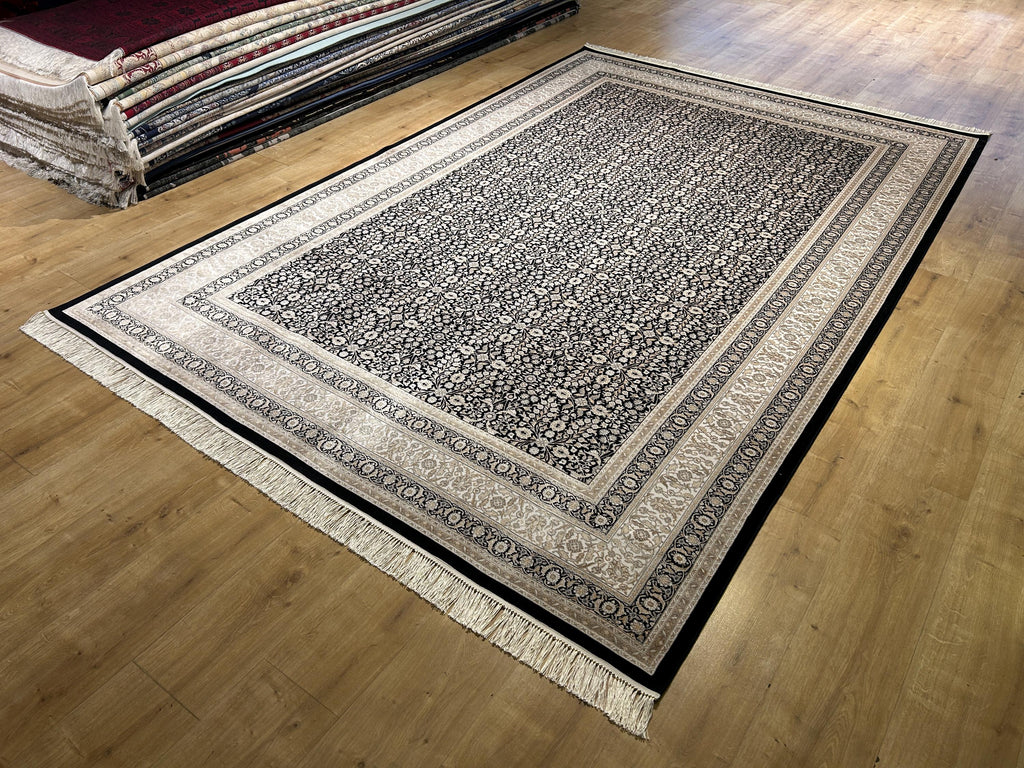 Black Silk Rug with Beige Floral Pattern, Classic Turkish Rug