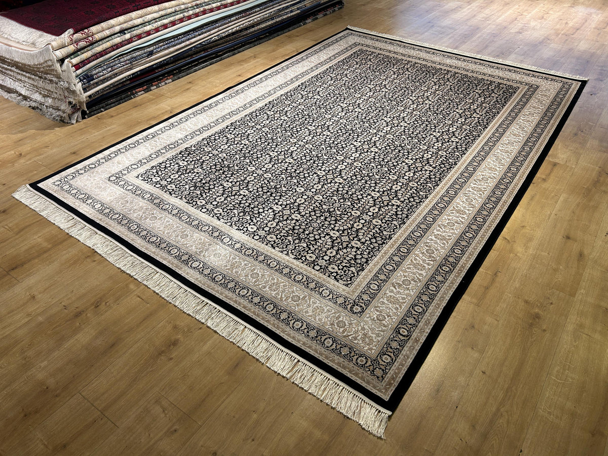 Black Silk Rug with Beige Floral Pattern, Classic Turkish Rug