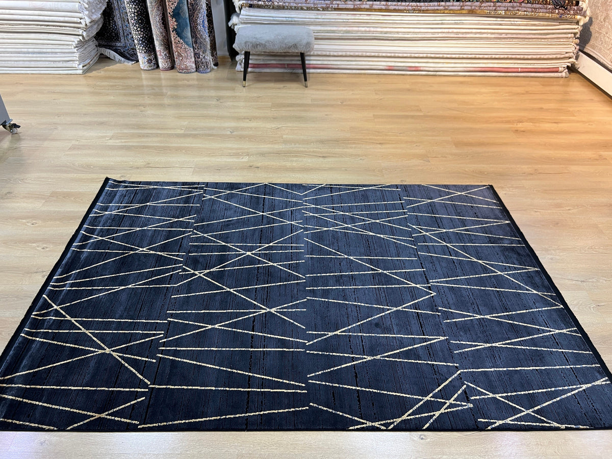 Modern Turkish Black Rug, Bamboo Acrylic, 5x8 ft
