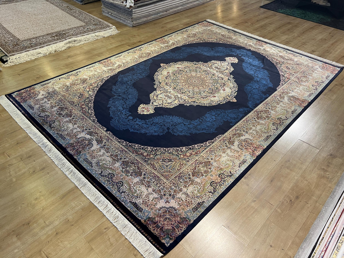 Navy Blue Modal Silk Rug 8x11, Turkish Palace Style