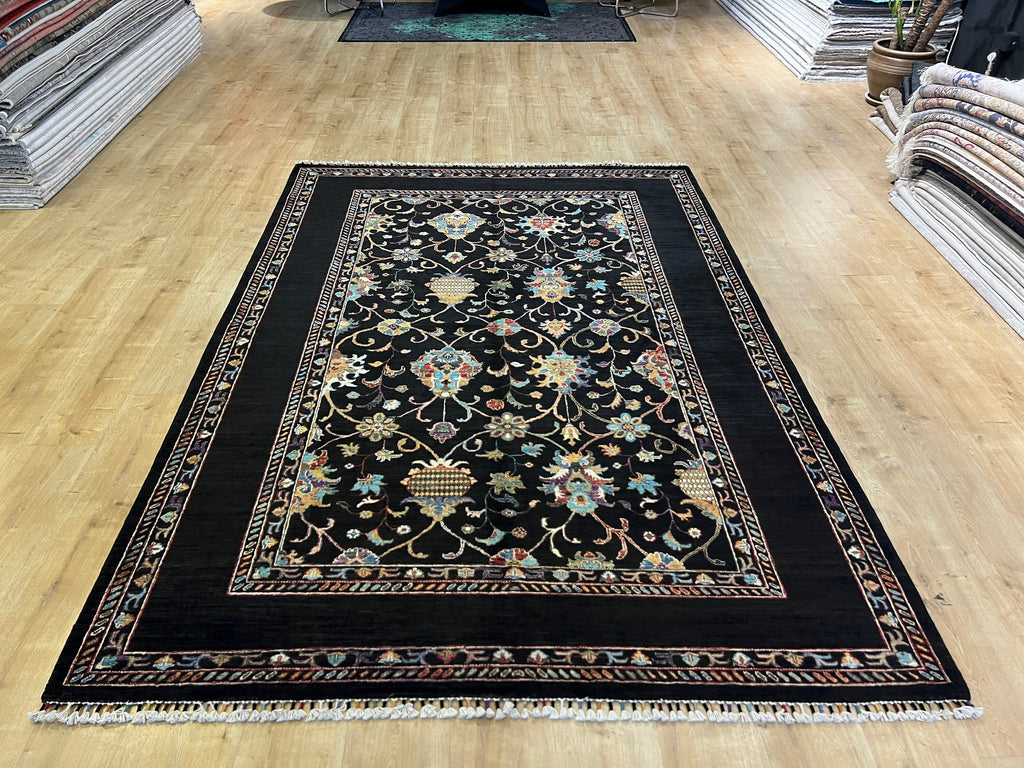 Wool Rug, 6x8 ft, Black Traditional Carpet