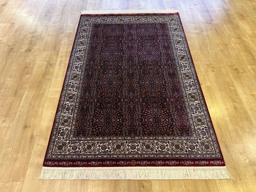 Red Silk Rug, 4x6 Ft, Floral Framed Design, Classic Luxury Area Rug