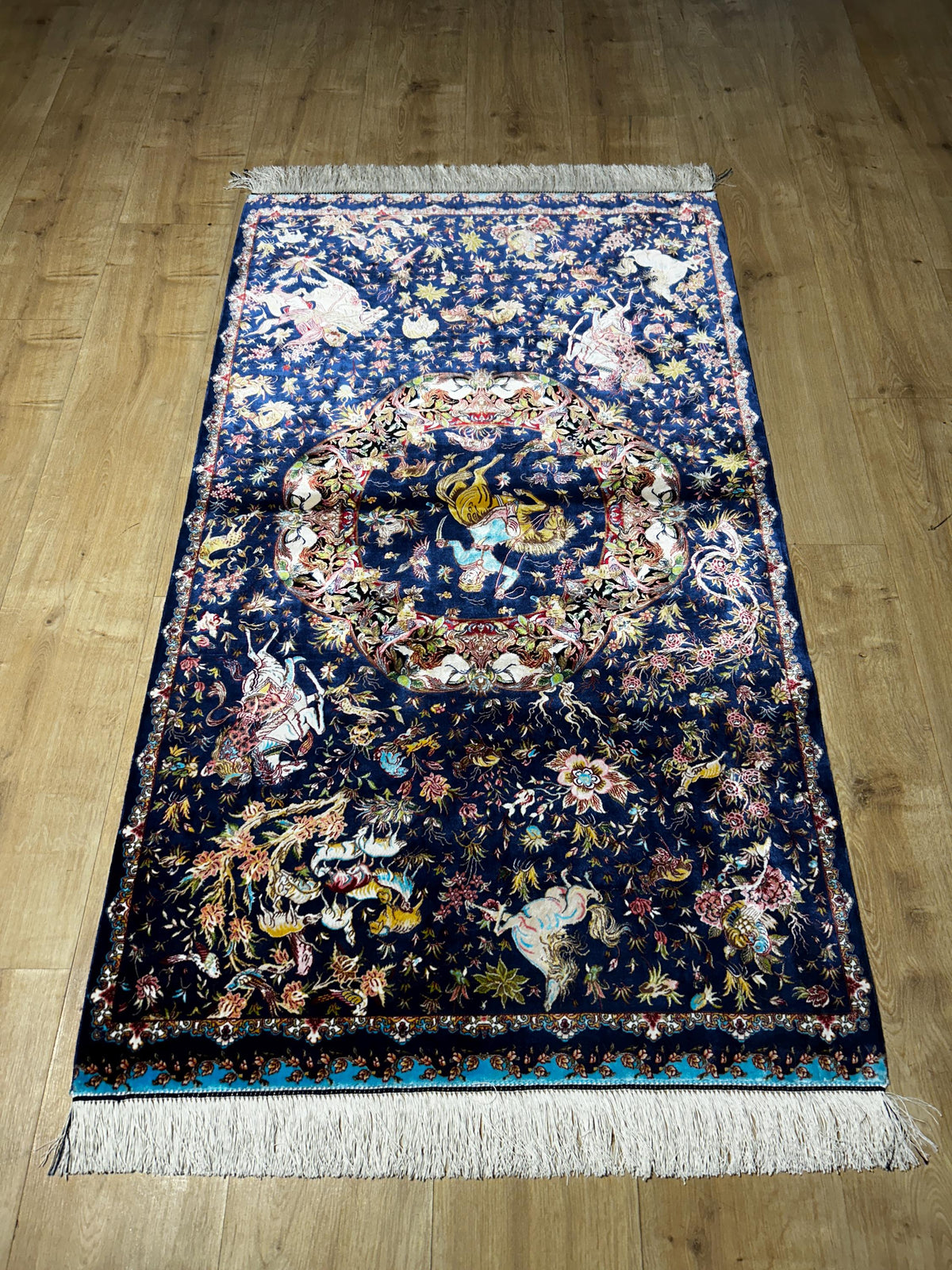 Blue Decorative Silk Tapestry Rug With Art Motifs, Floral Design
