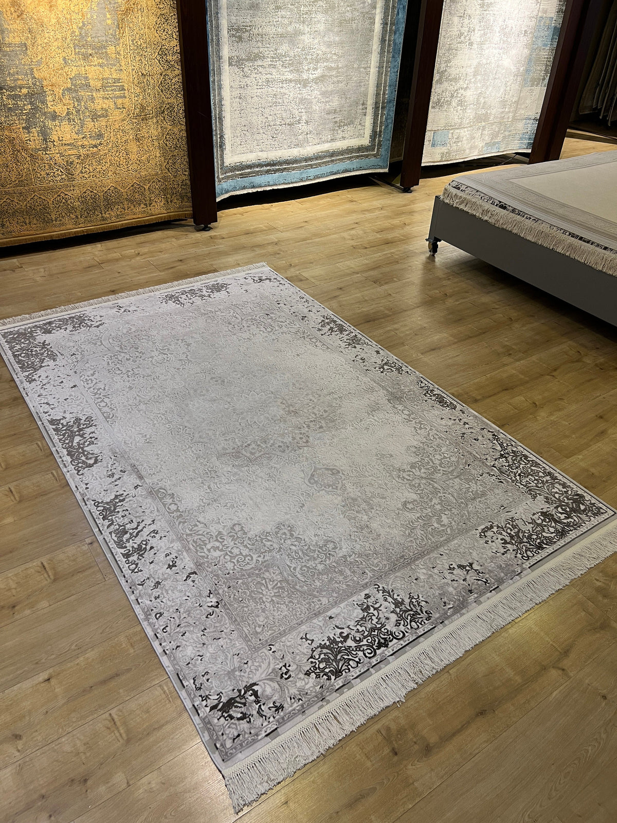 Gray Bamboo Rug, 5x8 ft, Classic Medallion Carpet, Turkish Home Decor