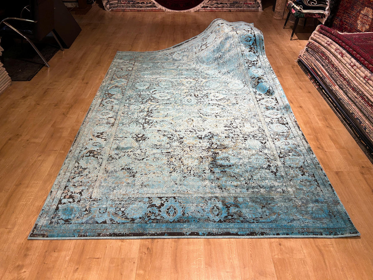 7x10 ft Blue Bamboo Rug, Distressed Pattern Vintage Area Rug, Luxury Home Decor