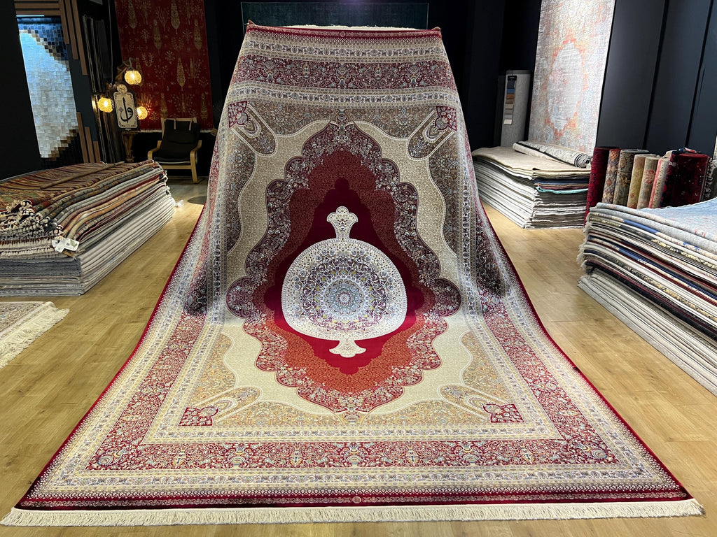 Red Modal Silk Turkish Rug, Palace Design 8x11 ft