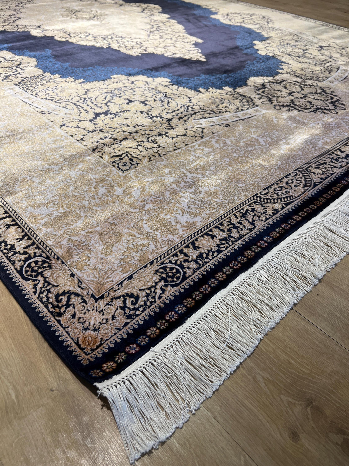 7x10 ft Navy Silk Rug, Gold Medallion and Border, Luxury Turkish Style