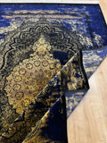 7x10 ft Navy Blue Silk Rug, Antique Distressed Pattern Gold Medallion, Classic Design