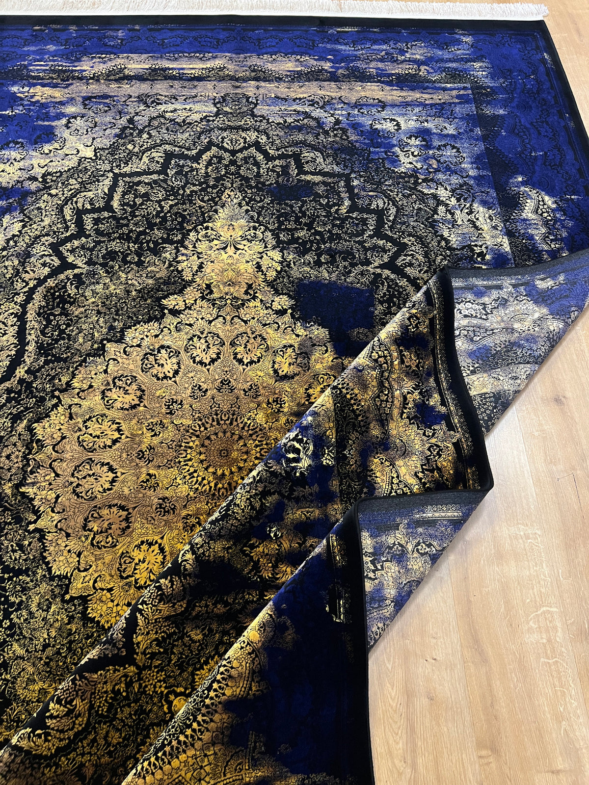 7x10 ft Navy Blue Silk Rug, Antique Distressed Pattern Gold Medallion, Classic Design