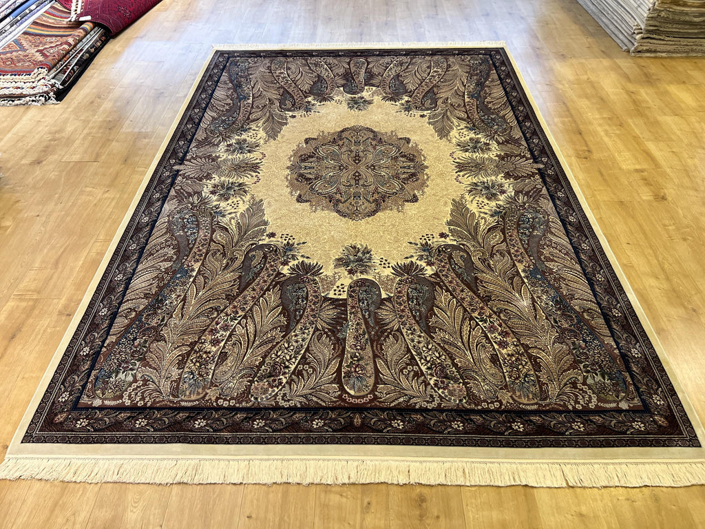 7x10 ft Luxury Cream Silk Rug, Brown Medallion Classic Design, Oversize Rug