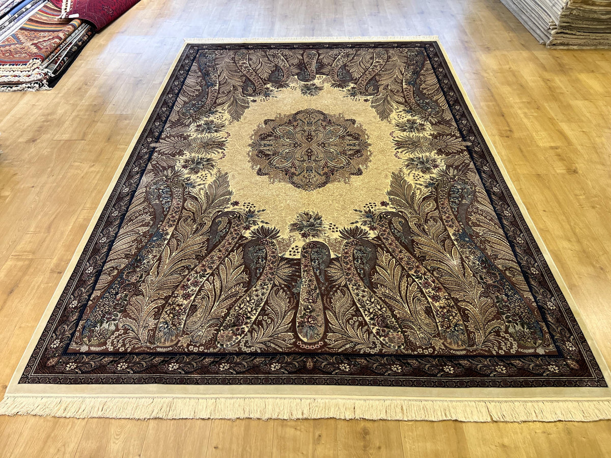 7x10 ft Luxury Cream Silk Rug, Brown Medallion Classic Design, Oversize Rug