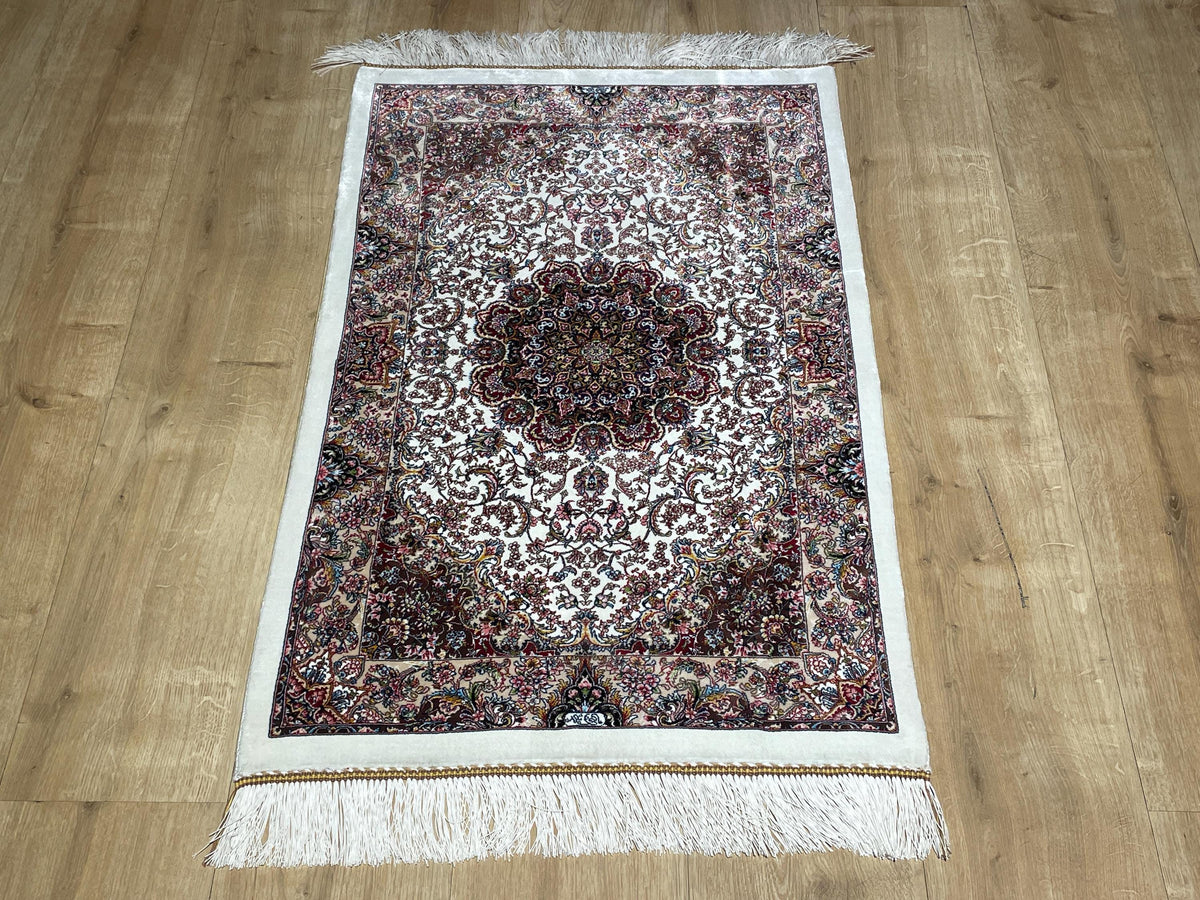 Cream Small Silk Rug, Ornate Medallion Silk Carpet, Luxury Home Decor