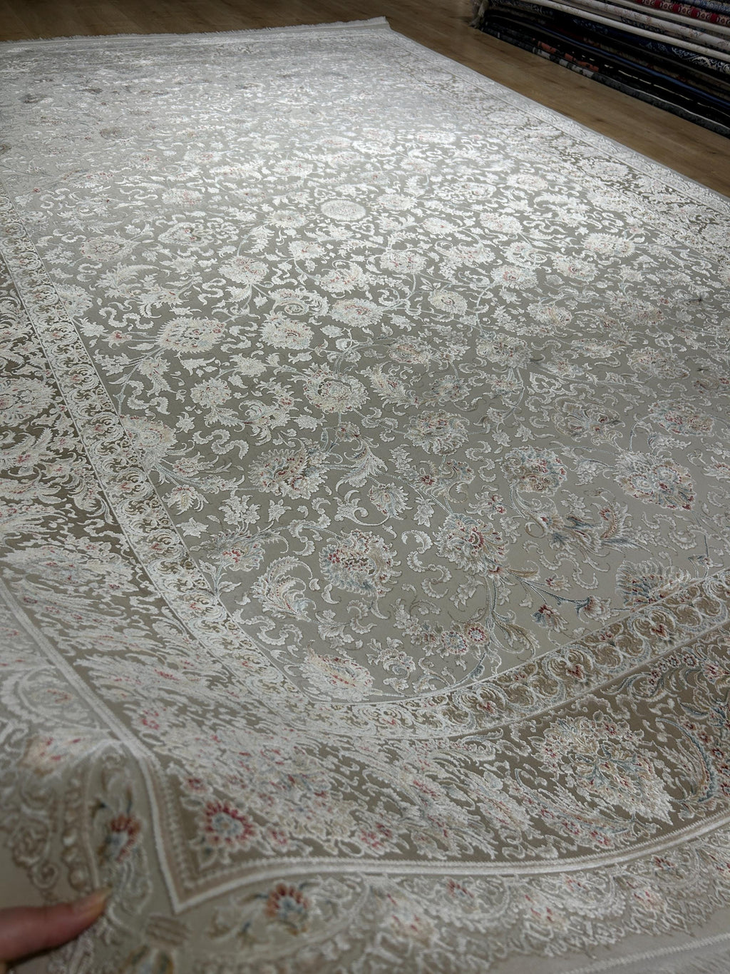 Beige Silk Rug, Classic Silk Carpet with Floral Pattern
