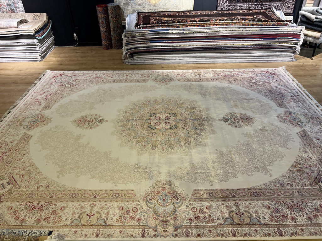 Ivory Bamboo Silk Rug 10x13 ft, Elegant Large Area Rug with Classic Medallion Pattern