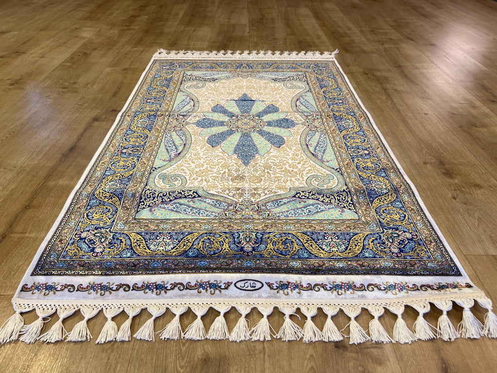 Ivory Silk Rug with Blue Medallion Pattern, Luxury Small Silk Carpet