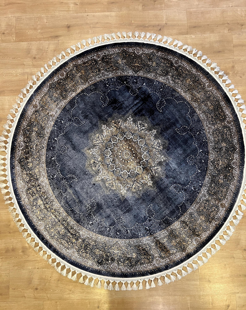 Black Gold Modal Silk Round Rug, Turkish Carpet (5x5 ft)
